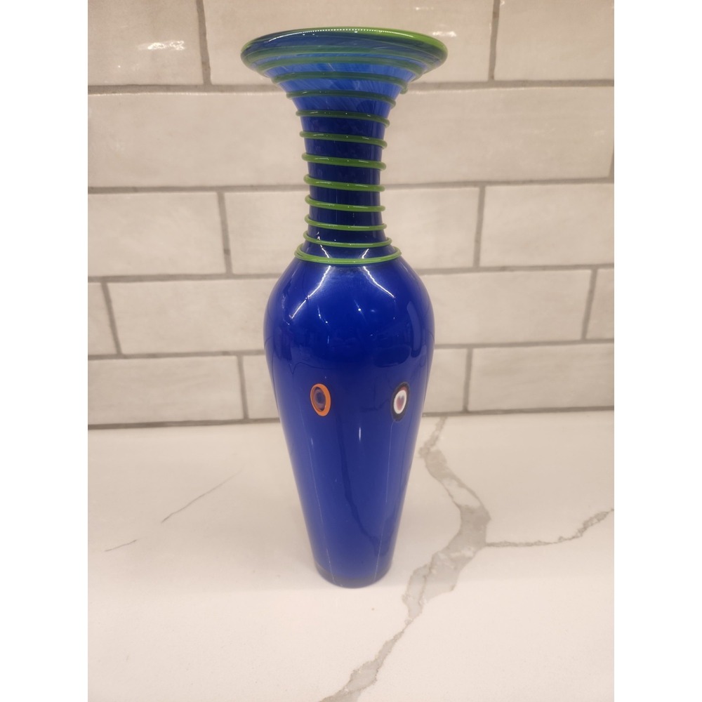 10.5" Ken & Ingrid Hanson Studio Art Glass Blue Vase W/Canes And Green Coil